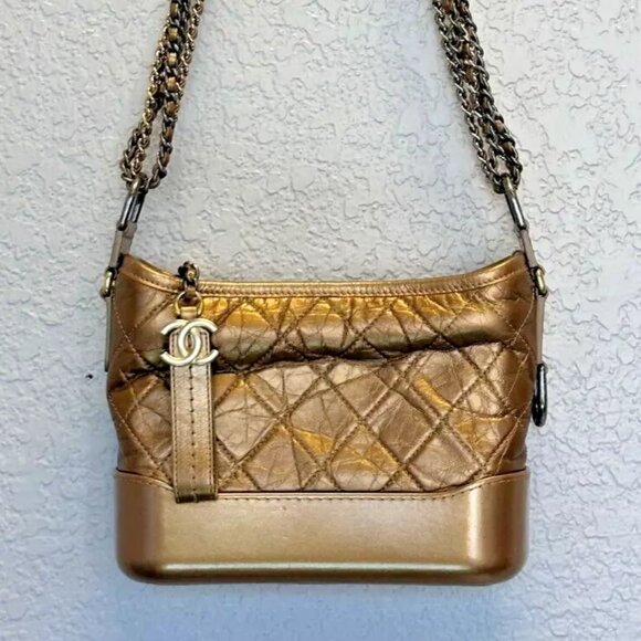 CHANEL Small Gabrielle Hobo Shoulder Bag Quilted Gold Calfskin Leather Authentic - Picture 3 of 9